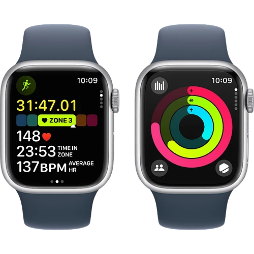 Apple Watch Series 9 GPS, 41 мм, корпус - серебристый, спортивный силиконовый ремешок синего цвета M/L