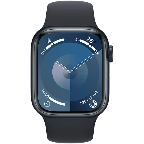 Apple Watch Series 9 GPS, 41 мм, корпус - темная ночь, спортивный силиконовый ремешок черного цвета M/L