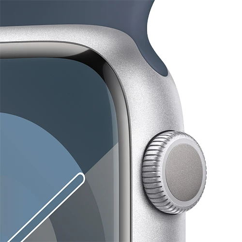 Apple Watch Series 9 GPS, 45 мм, корпус - серебристый, спортивный силиконовый ремешок синего цвета S/M