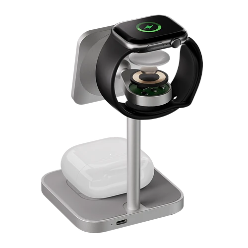 Беспроводное зарядное устройство uBear Evoke, 3-в-1, MagSafe совместимое, Qi2, цвет: серый