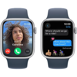 Apple Watch Series 9 GPS, 45 мм, корпус - серебристый, спортивный силиконовый ремешок синего цвета S/M