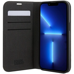 Lagerfeld для iPhone 13 Pro чехол PU Saffiano NFT Karl & Choupette Booktype Silver