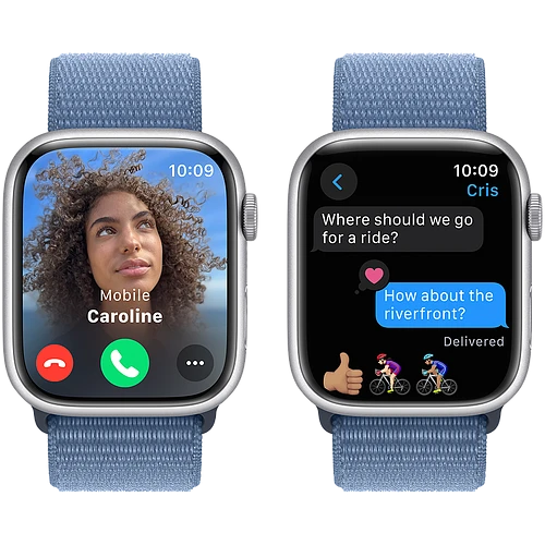 Apple Watch Series 9 GPS, 45 мм, корпус - серебристый, спортивный нейлоновый ремешок синего цвета