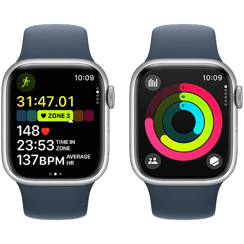 Apple Watch Series 9 GPS, 41 мм, корпус - серебристый, спортивный силиконовый ремешок синего цвета M/L