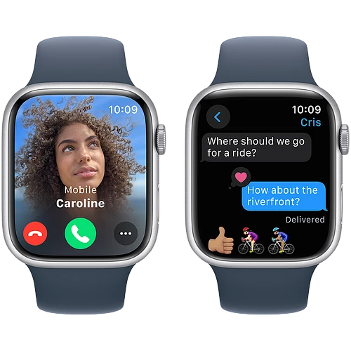 Apple Watch Series 9 GPS, 45 мм, корпус - серебристый, спортивный силиконовый ремешок синего цвета S/M