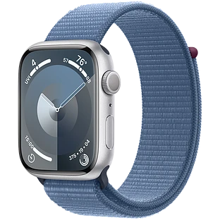 Apple Watch Series 9 GPS, 45 мм, корпус - серебристый, спортивный нейлоновый ремешок синего цвета