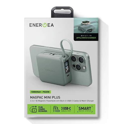Аккумулятор внешний Energea MagPac MINI Plus, 10000 mAh Magnetic wireless 15W + С 20W +2 C cables and Display Sage