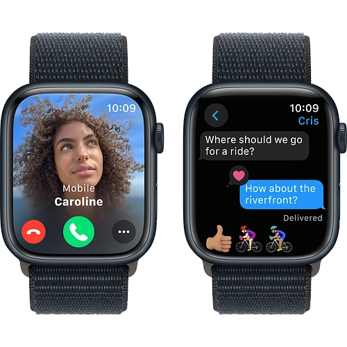 Apple Watch Series 9 GPS, 45 мм, корпус - темная ночь, спортивный нейлоновый ремешок черного цвета