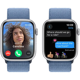 Apple Watch Series 9 GPS, 45 мм, корпус - серебристый, спортивный нейлоновый ремешок синего цвета