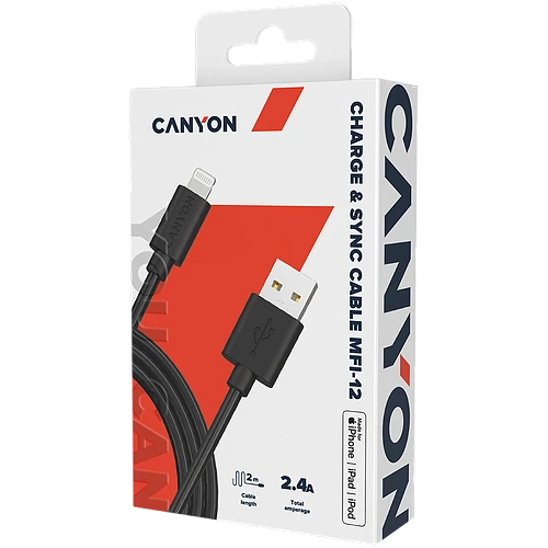 Кабель Canyon USB-A - Lightning MFI, 2м, Черный