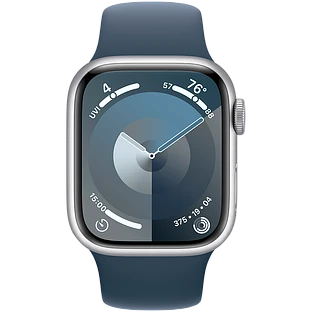 Apple Watch Series 9 GPS, 41 мм, корпус - серебристый, спортивный силиконовый ремешок синего цвета M/L