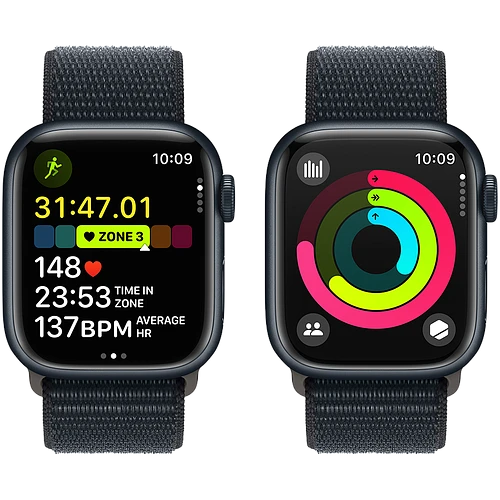Apple Watch Series 9 GPS, 41 мм, корпус - темная ночь, спортивный нейлоновый ремешок черного цвета