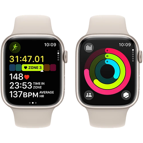 Apple Watch Series 9 GPS, 45 мм, корпус - сияющая звезда, спортивный силиконовый ремешок цвета сияющая звезда M/L 