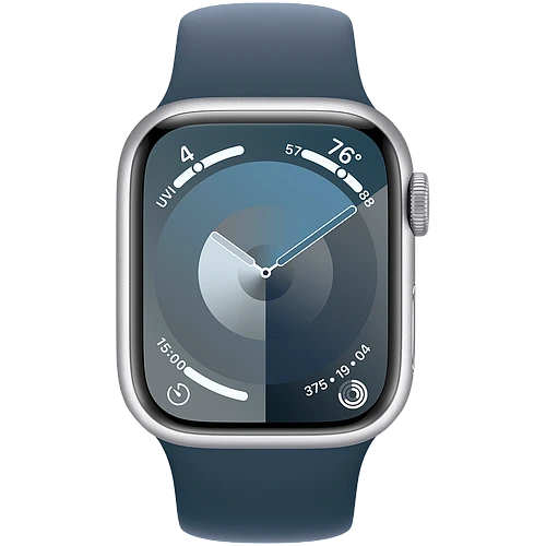 Apple Watch Series 9 GPS, 41 мм, корпус - серебристый, спортивный силиконовый ремешок синего цвета M/L