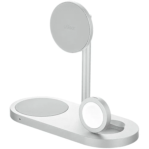 Беспроводное зарядное устройство uBear Stage Ultra, 3-в-1, с поддержкой MagSafe, Qi2, цвет: серебро