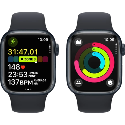 Apple Watch Series 9 GPS, 41 мм, корпус - темная ночь, спортивный силиконовый ремешок черного цвета M/L