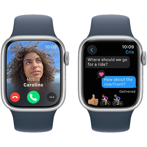 Apple Watch Series 9 GPS, 41 мм, корпус - серебристый, спортивный силиконовый ремешок синего цвета M/L