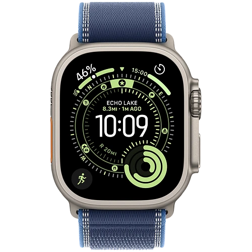 Apple Watch Ultra 3, GPS + Cellular, 49mm, Natural Titanium Case with Blue/Bright Blue Trail Loop - S/M