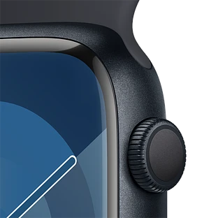 Apple Watch Series 9 GPS, 45 мм, корпус - темная ночь, спортивный силиконовый ремешок черного цвета S/M