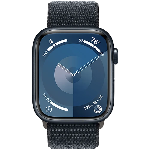 Apple Watch Series 9 GPS, 45 мм, корпус - темная ночь, спортивный нейлоновый ремешок черного цвета