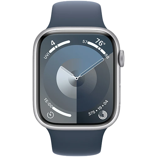 Apple Watch Series 9 GPS, 45 мм, корпус - серебристый, спортивный силиконовый ремешок синего цвета S/M