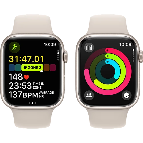 Apple Watch Series 9 GPS, 45 мм, корпус - сияющая звезда, спортивный силиконовый ремешок цвета сияющая звезда M/L 