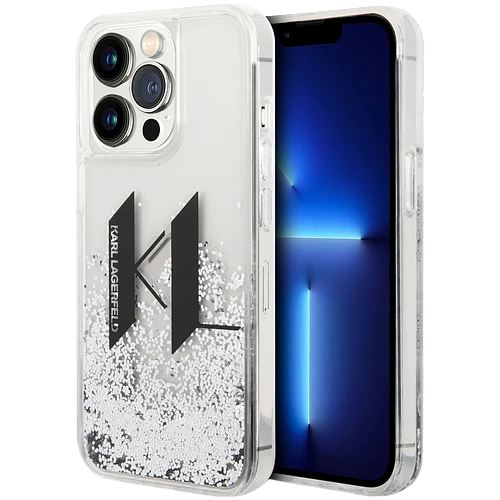 Lagerfeld для iPhone 14 Pro Max чехол Liquid Glitter Big KL logo Hard Silver