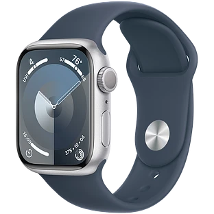 Apple Watch Series 9 GPS, 41 мм, корпус - серебристый, спортивный силиконовый ремешок синего цвета M/L