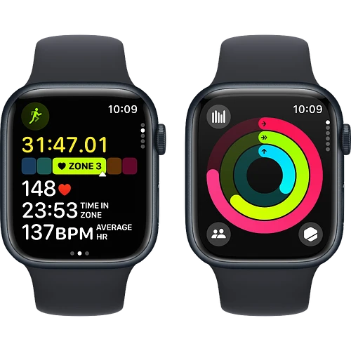 Apple Watch Series 9 GPS, 45 мм, корпус - темная ночь, спортивный силиконовый ремешок черного цвета S/M