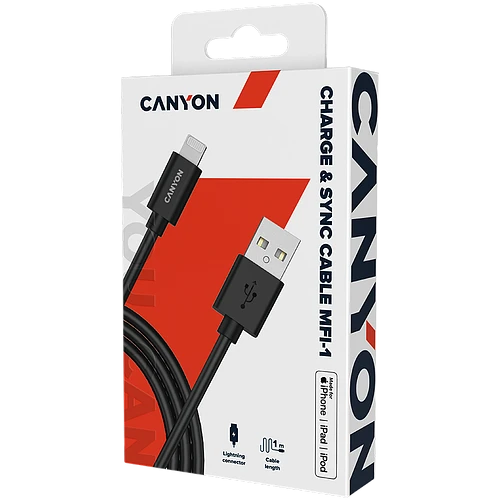 Кабель Canyon USB-A - Lightning MFI, 1м, Черный