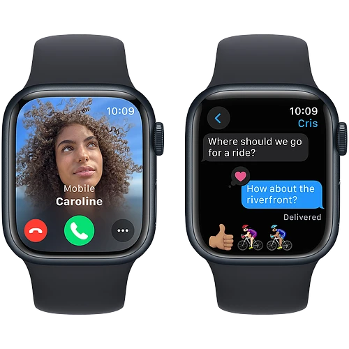 Apple Watch Series 9 GPS, 41 мм, корпус - темная ночь, спортивный силиконовый ремешок черного цвета M/L