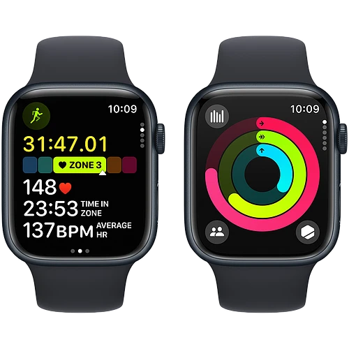 Apple Watch Series 9 GPS, 45 мм, корпус - темная ночь, спортивный силиконовый ремешок черного цвета S/M