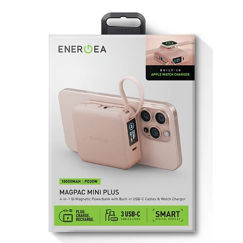 Аккумулятор внешний Energea MagPac MINI Plus, 10000 mAh Magnetic wireless 15W + С 20W +2 C cables and Display Pink