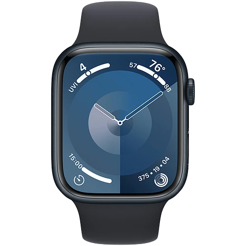 Apple Watch Series 9 GPS, 45 мм, корпус - темная ночь, спортивный силиконовый ремешок черного цвета S/M