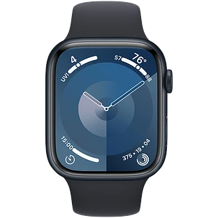 Apple Watch Series 9 GPS, 45 мм, корпус - темная ночь, спортивный силиконовый ремешок черного цвета S/M