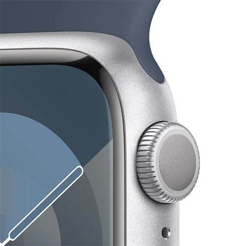 Apple Watch Series 9 GPS, 41 мм, корпус - серебристый, спортивный силиконовый ремешок синего цвета M/L