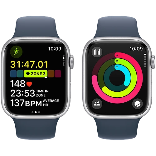 Apple Watch Series 9 GPS, 45 мм, корпус - серебристый, спортивный силиконовый ремешок синего цвета S/M