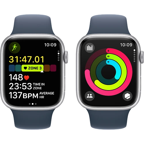 Apple Watch Series 9 GPS, 45 мм, корпус - серебристый, спортивный силиконовый ремешок синего цвета S/M