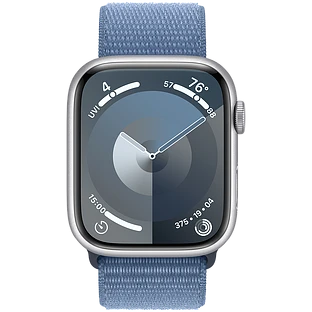 Apple Watch Series 9 GPS, 45 мм, корпус - серебристый, спортивный нейлоновый ремешок синего цвета