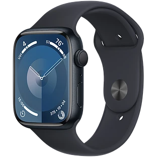Apple Watch Series 9 GPS, 45 мм, корпус - темная ночь, спортивный силиконовый ремешок черного цвета S/M