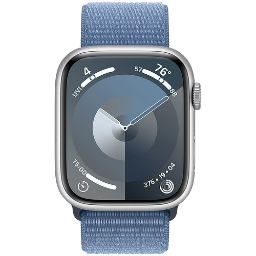 Apple Watch Series 9 GPS, 45 мм, корпус - серебристый, спортивный нейлоновый ремешок синего цвета