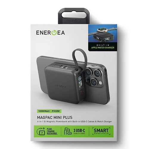 Аккумулятор внешний Energea MagPac MINI Plus, 10000 mAh Magnetic wireless 15W + С 20W +2 C cables and Display Black