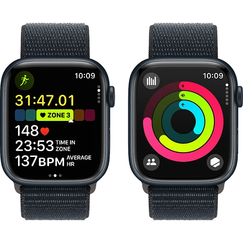 Apple Watch Series 9 GPS, 45 мм, корпус - темная ночь, спортивный нейлоновый ремешок черного цвета