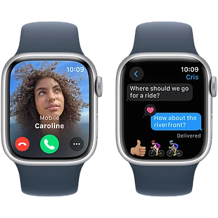 Apple Watch Series 9 GPS, 41 мм, корпус - серебристый, спортивный силиконовый ремешок синего цвета M/L